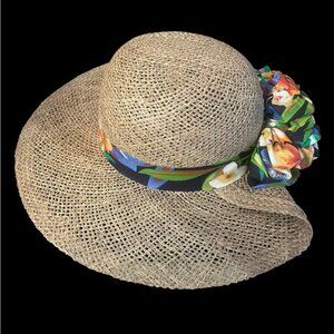 Raffia Sun Hat with Floral Sash Straw Beach Hat
